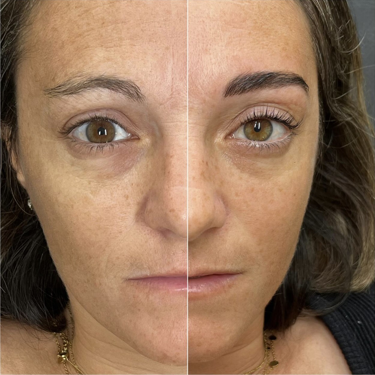 Avant et après un browlift avec teinture et un rehaussement de cils chez Claire Degli-Esposti à Aix-les-Bains : à gauche avant, à droite après